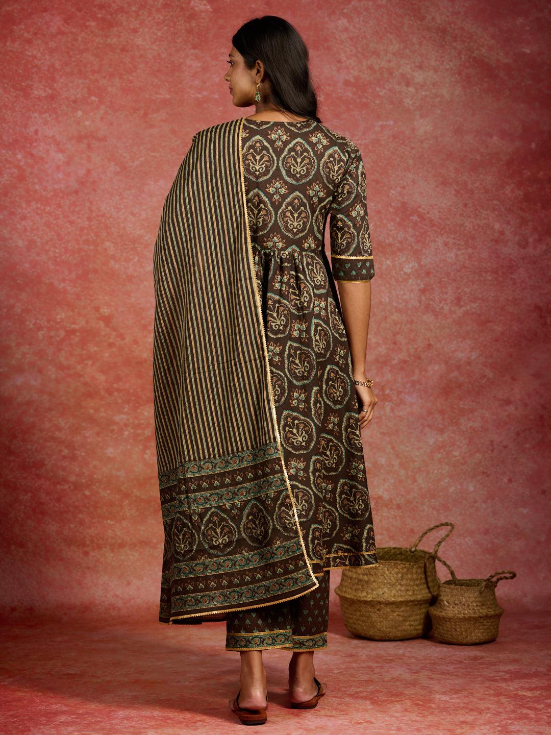 Brown Printed Cotton Kurta With Trousers & Dupatta - Libas