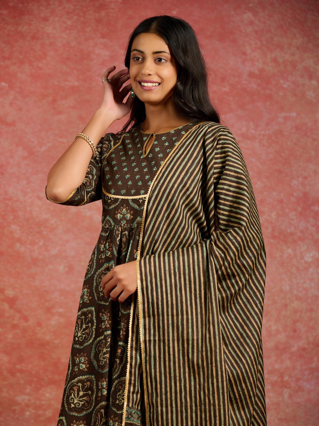 Brown Printed Cotton Kurta With Trousers & Dupatta - Libas