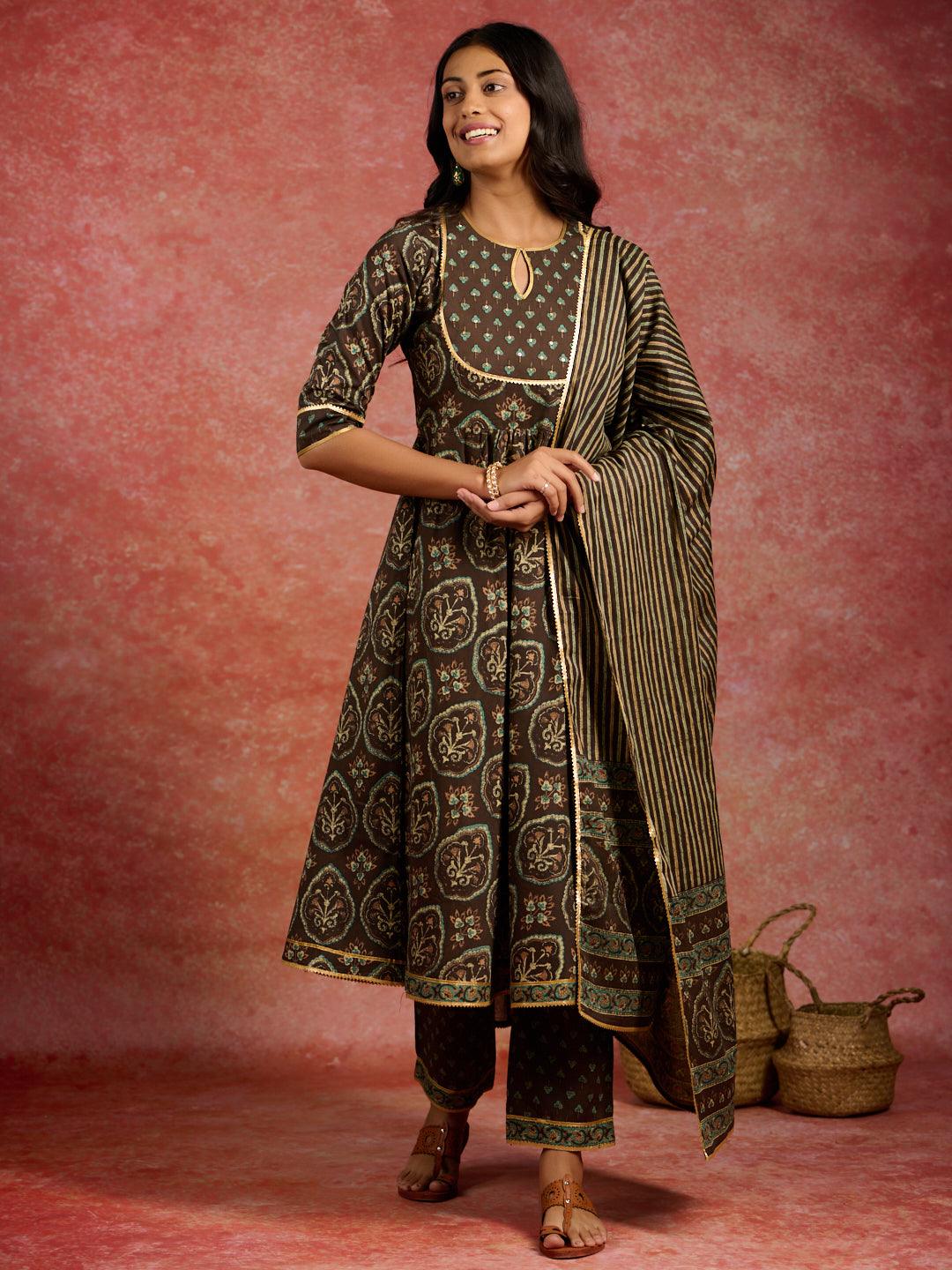 Brown Printed Cotton Kurta With Trousers & Dupatta - Libas