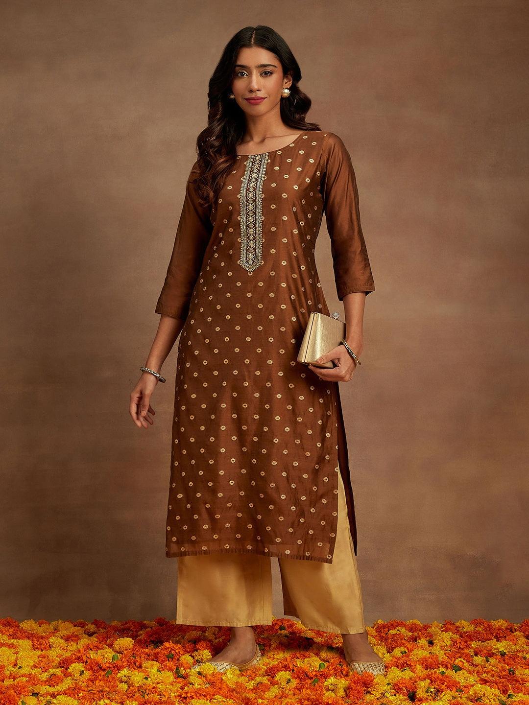 Brown Woven Design Chanderi Silk Straight Kurta - Libas