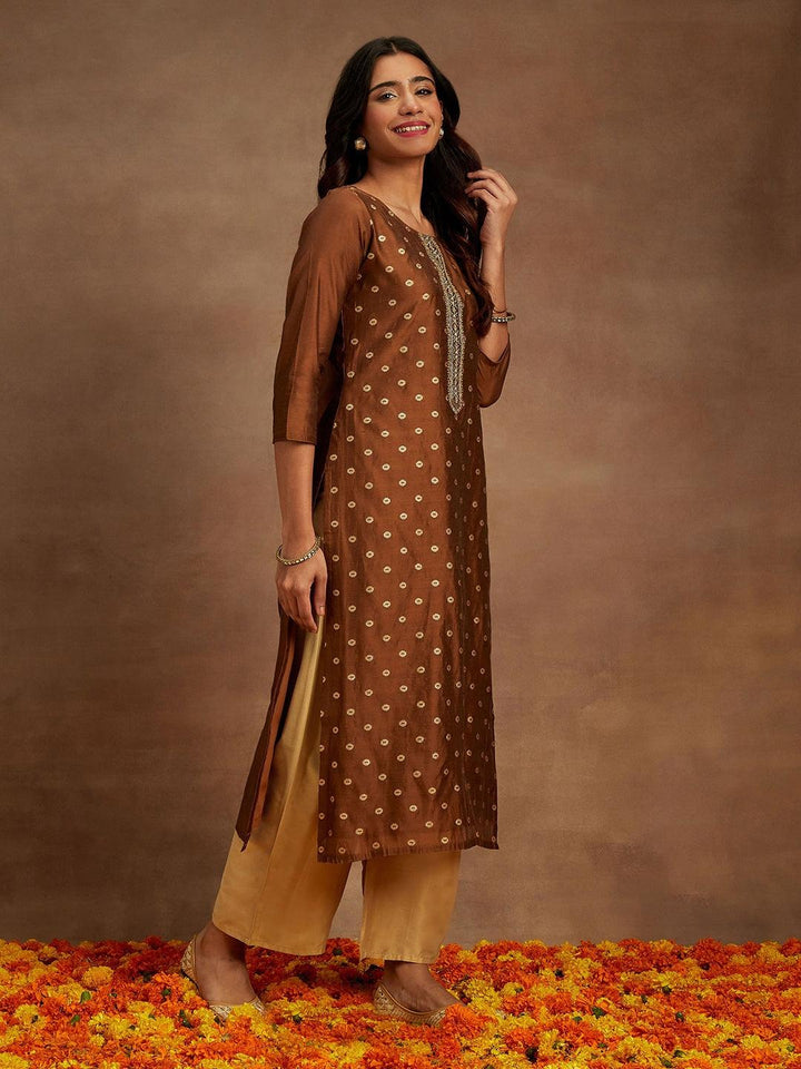 Brown Woven Design Chanderi Silk Straight Kurta - Libas