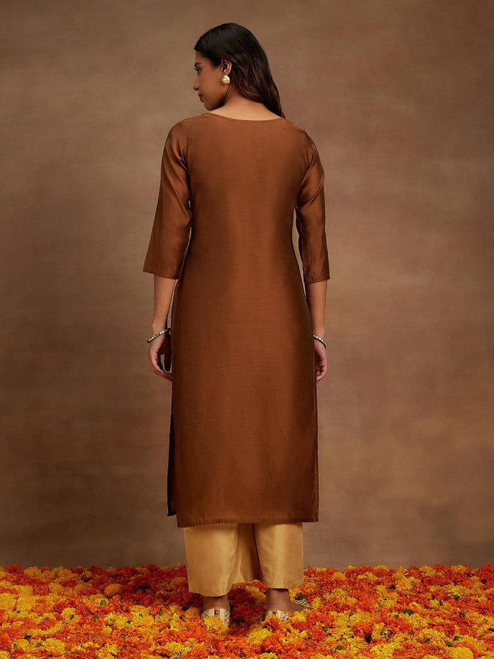 Brown Woven Design Chanderi Silk Straight Kurta - Libas