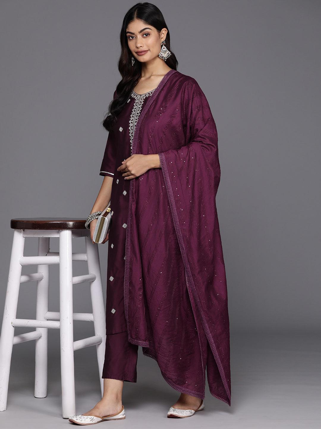 Burgundy Embroidered Silk Blend Straight Kurta With Trousers & Dupatta - Libas 