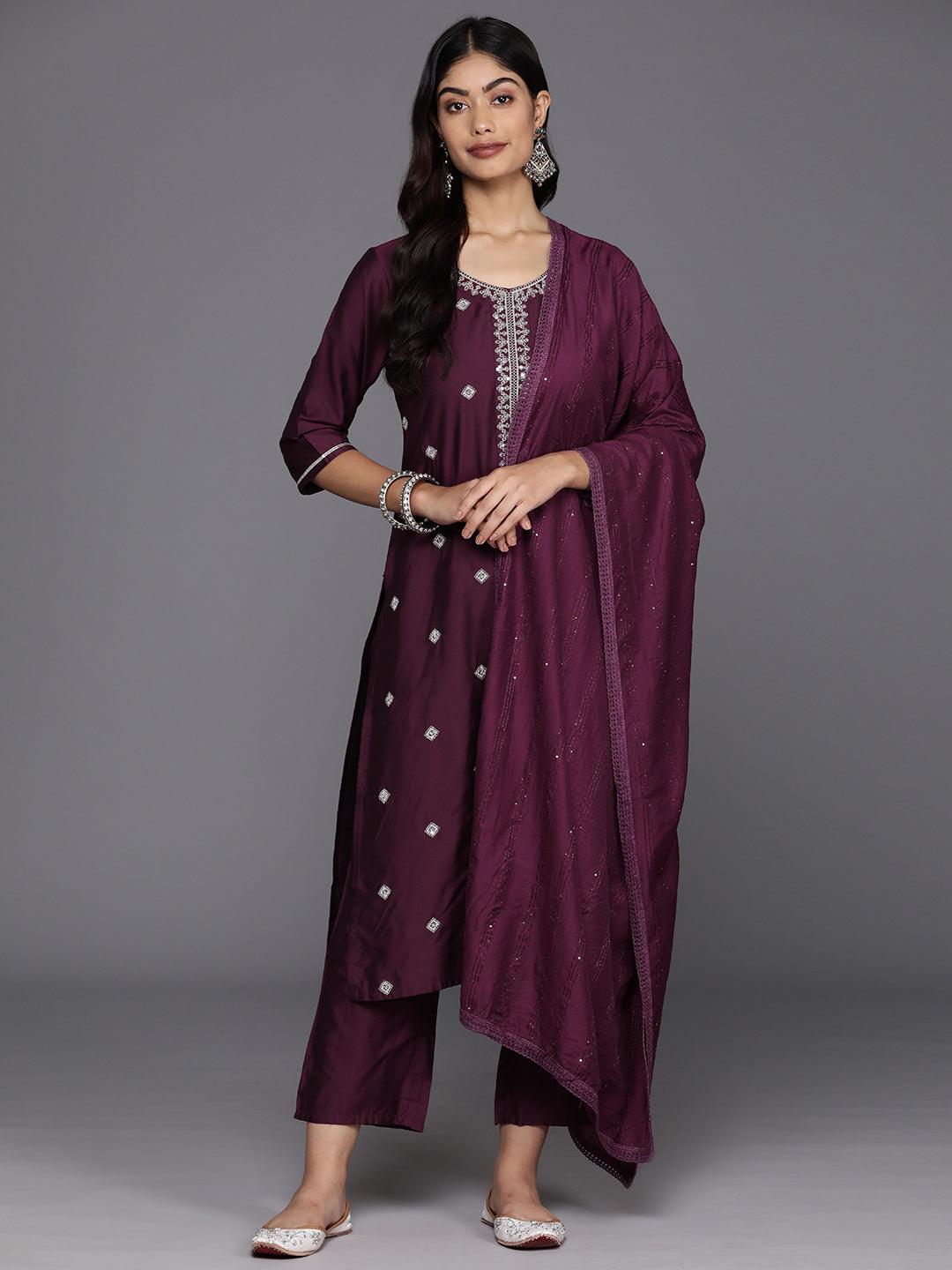 Burgundy Embroidered Silk Blend Straight Kurta With Trousers & Dupatta - Libas 