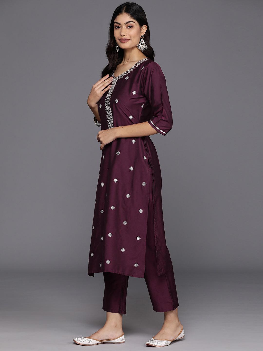 Burgundy Embroidered Silk Blend Straight Kurta With Trousers & Dupatta - Libas 