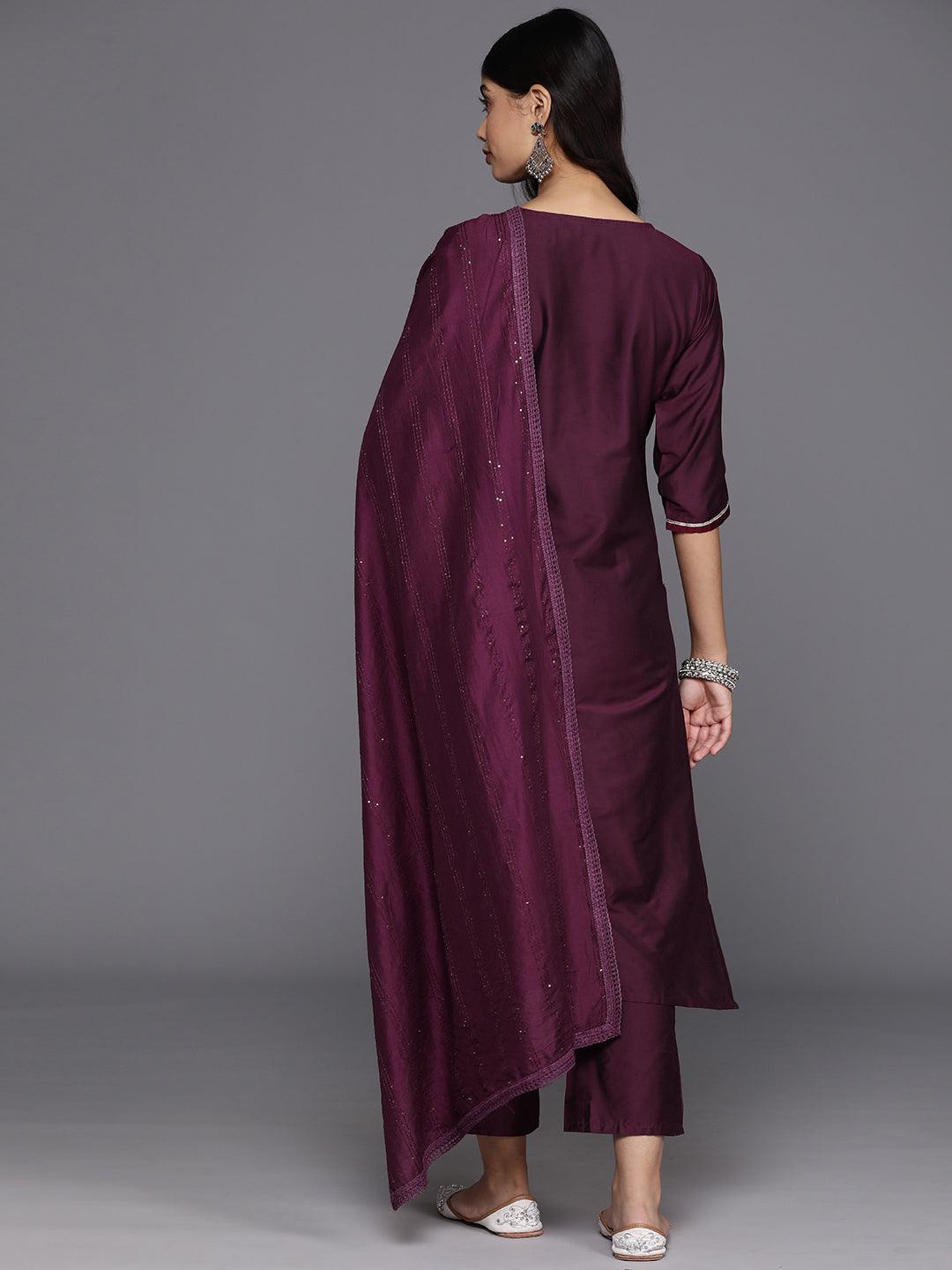 Burgundy Embroidered Silk Blend Straight Kurta With Trousers & Dupatta - Libas 