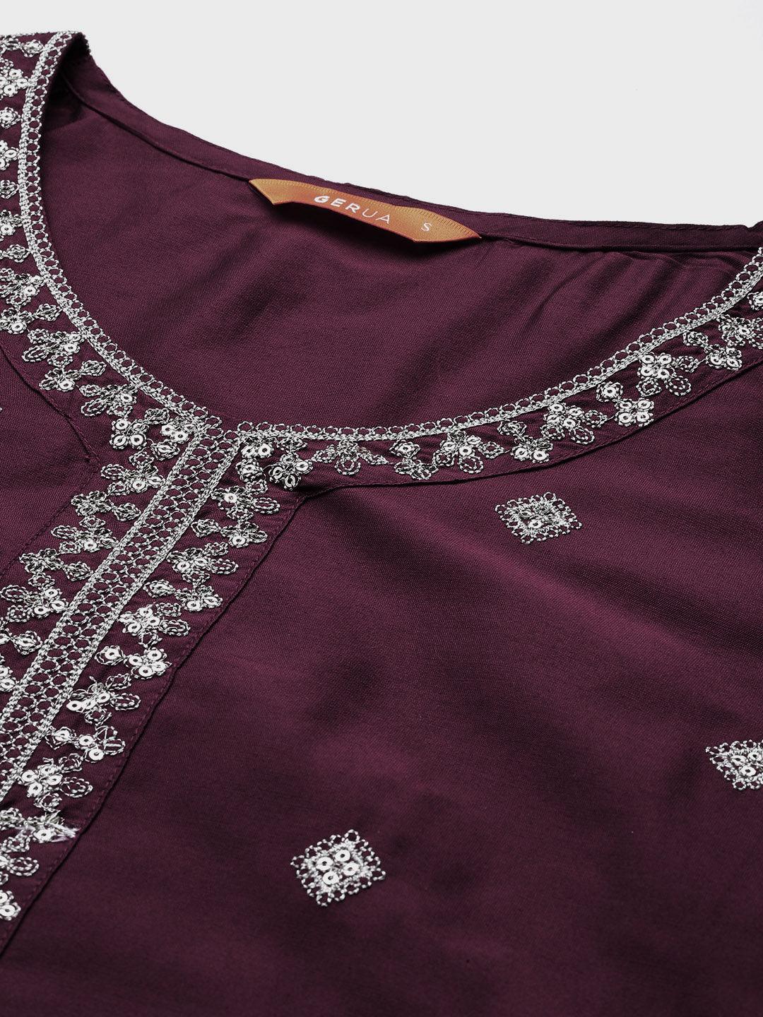 Burgundy Embroidered Silk Blend Straight Kurta With Trousers & Dupatta - Libas 