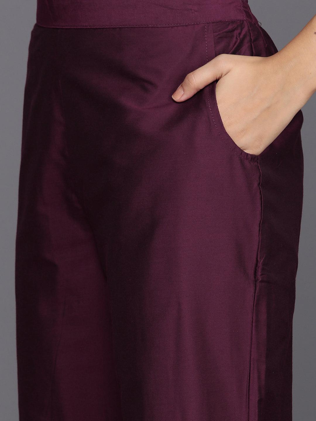 Burgundy Embroidered Silk Blend Straight Kurta With Trousers & Dupatta - Libas 