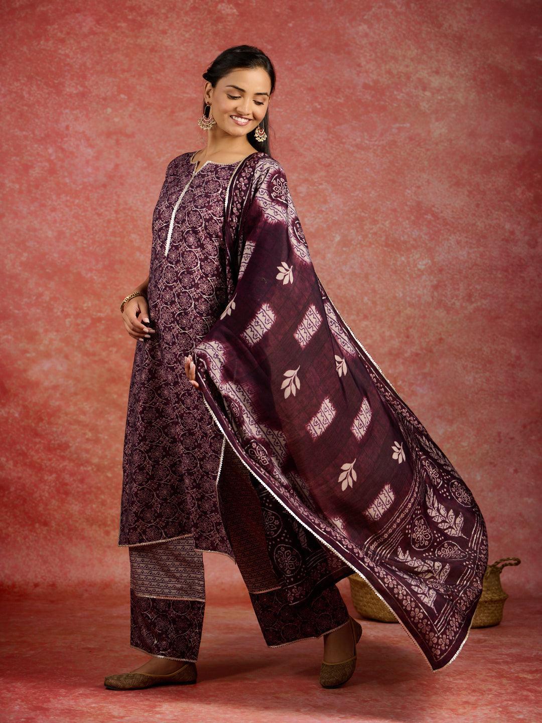 Burgundy Printed Silk Blend Straight Kurta With Palazzos & Dupatta - Libas