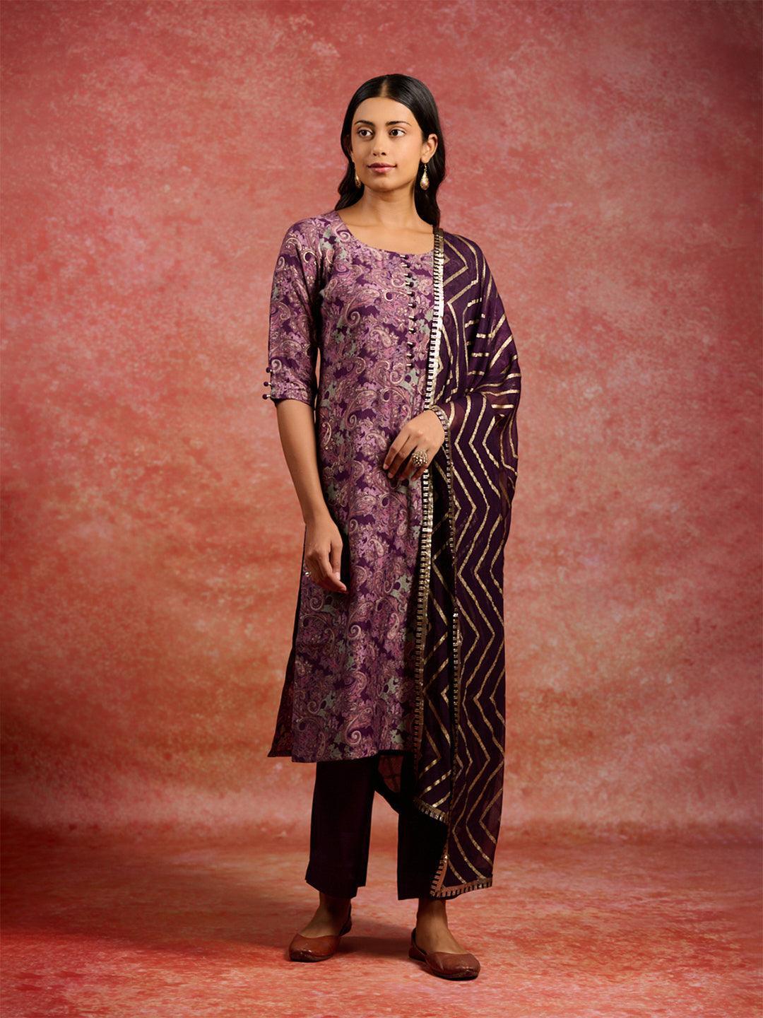 Burgundy Printed Silk Blend Straight Kurta With Trousers & Dupatta - Libas