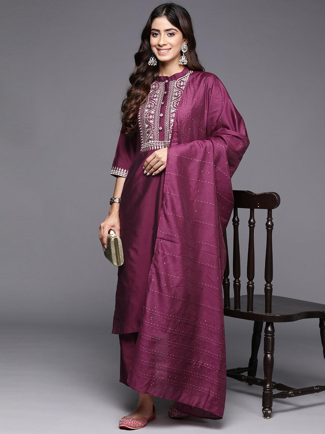 Burgundy Yoke Design Silk Blend Straight Kurta With Trousers & Dupatta - Libas 