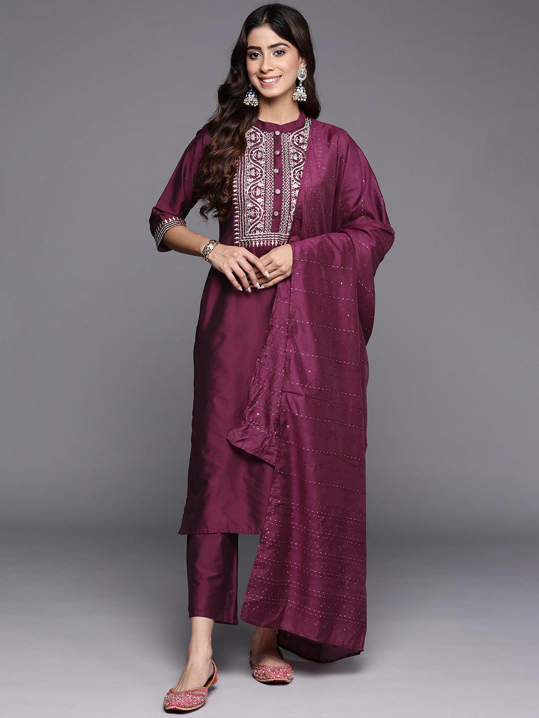 Burgundy Yoke Design Silk Blend Straight Kurta With Trousers & Dupatta - Libas