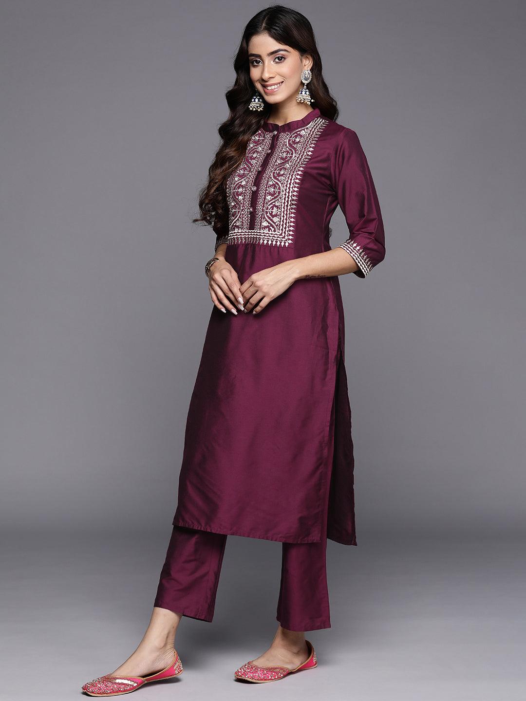 Burgundy Yoke Design Silk Blend Straight Kurta With Trousers & Dupatta - Libas