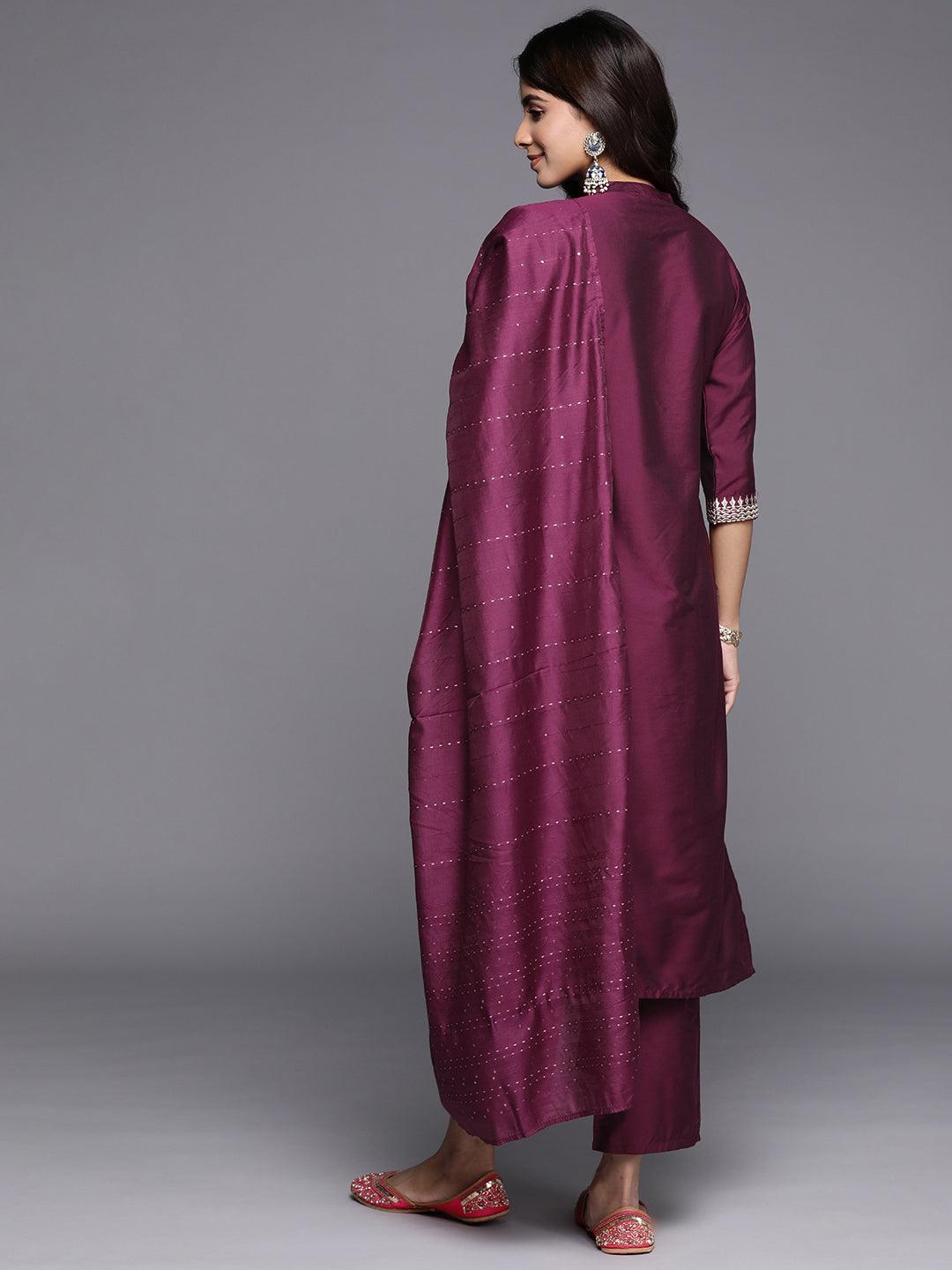 Burgundy Yoke Design Silk Blend Straight Kurta With Trousers & Dupatta - Libas 