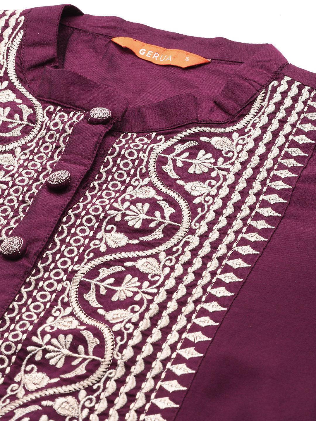 Burgundy Yoke Design Silk Blend Straight Kurta With Trousers & Dupatta - Libas 