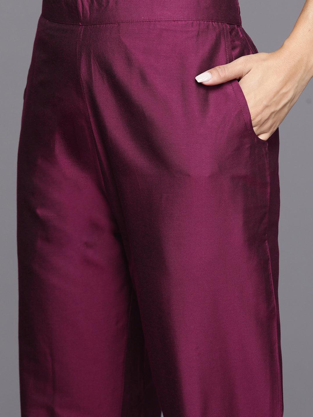 Burgundy Yoke Design Silk Blend Straight Kurta With Trousers & Dupatta - Libas 