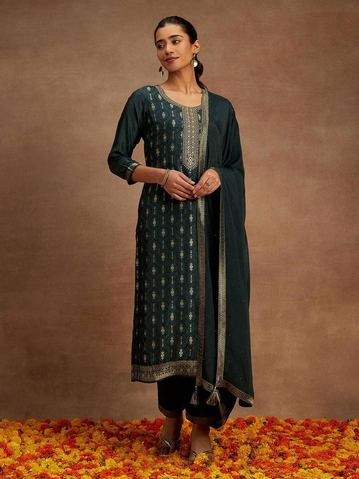 Charcoal Printed Silk Blend Straight Kurta With Trousers & Dupatta - Libas