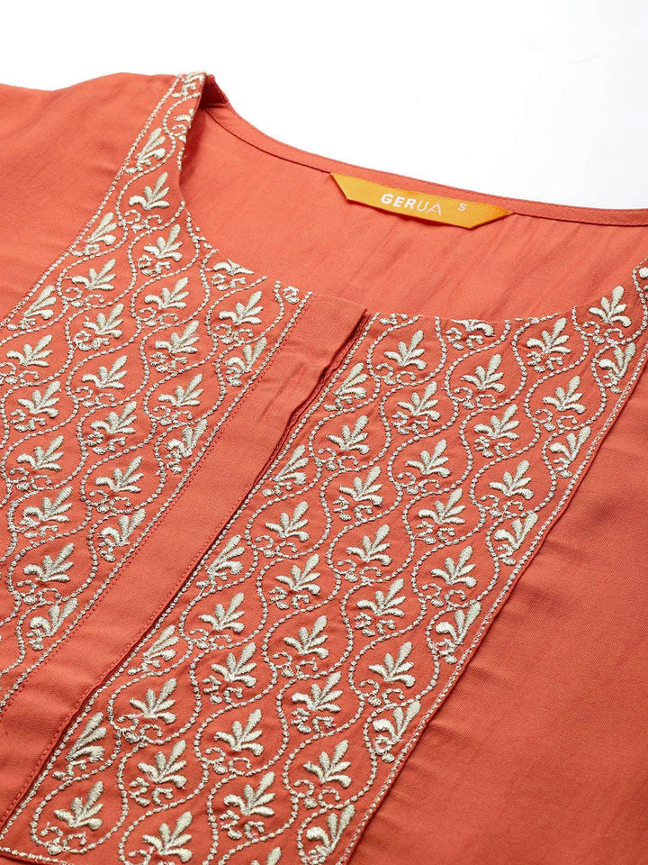 Coral Solid Silk Blend Straight Kurta With Trousers & Dupatta - Libas