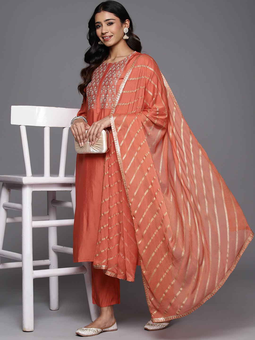 Coral Solid Silk Blend Straight Kurta With Trousers & Dupatta - Libas