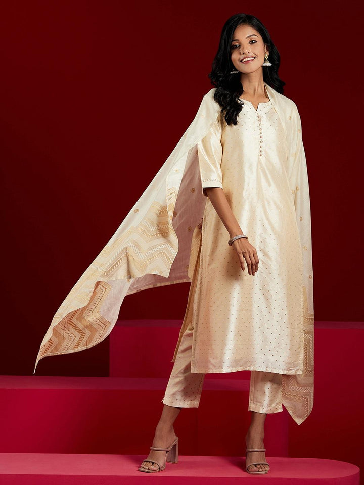 Cream Woven Design Straight Kurta With Trousers & Dupatta - Libas