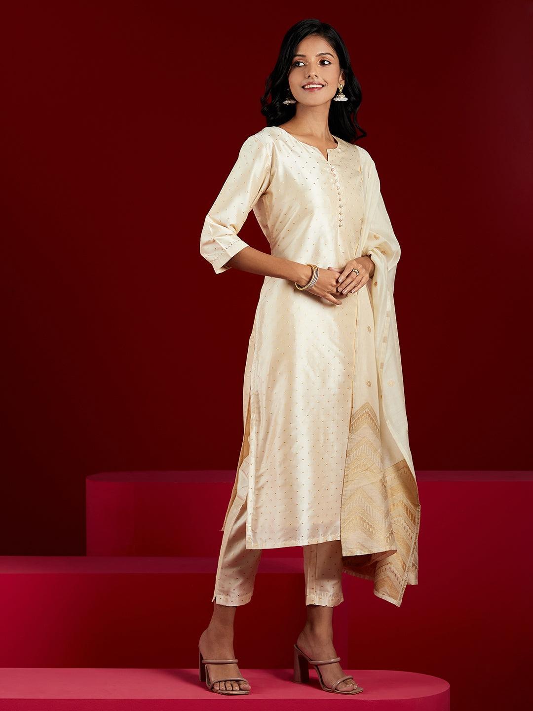 Cream Woven Design Straight Kurta With Trousers & Dupatta - Libas