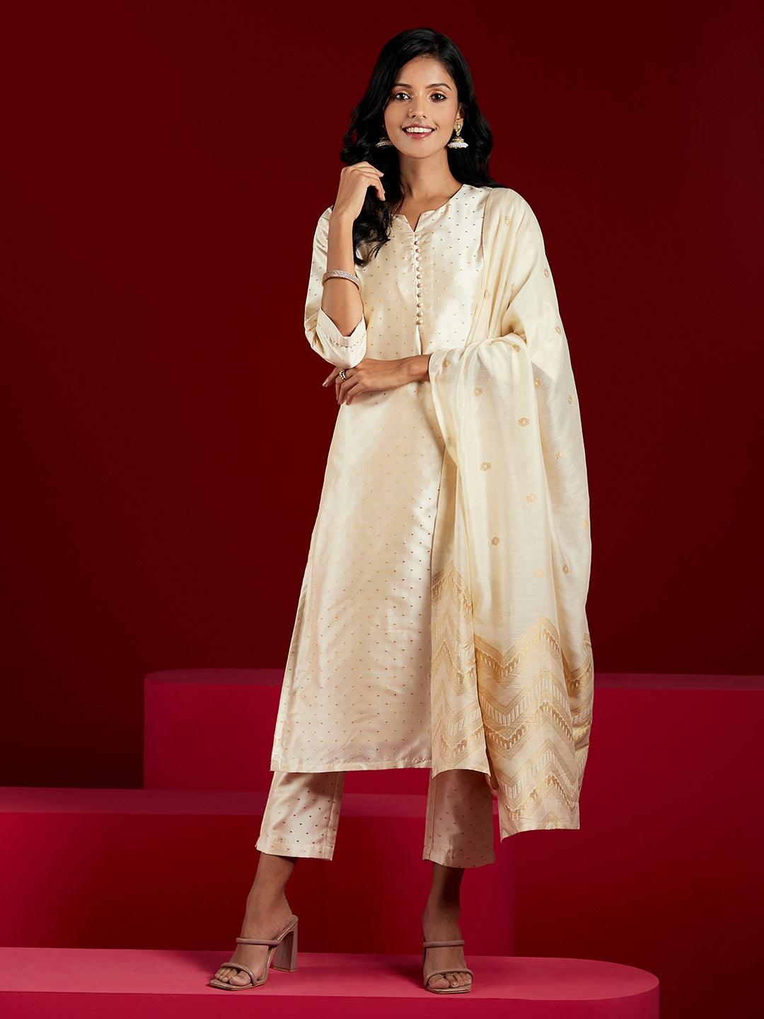 Cream Woven Design Straight Kurta With Trousers & Dupatta - Libas