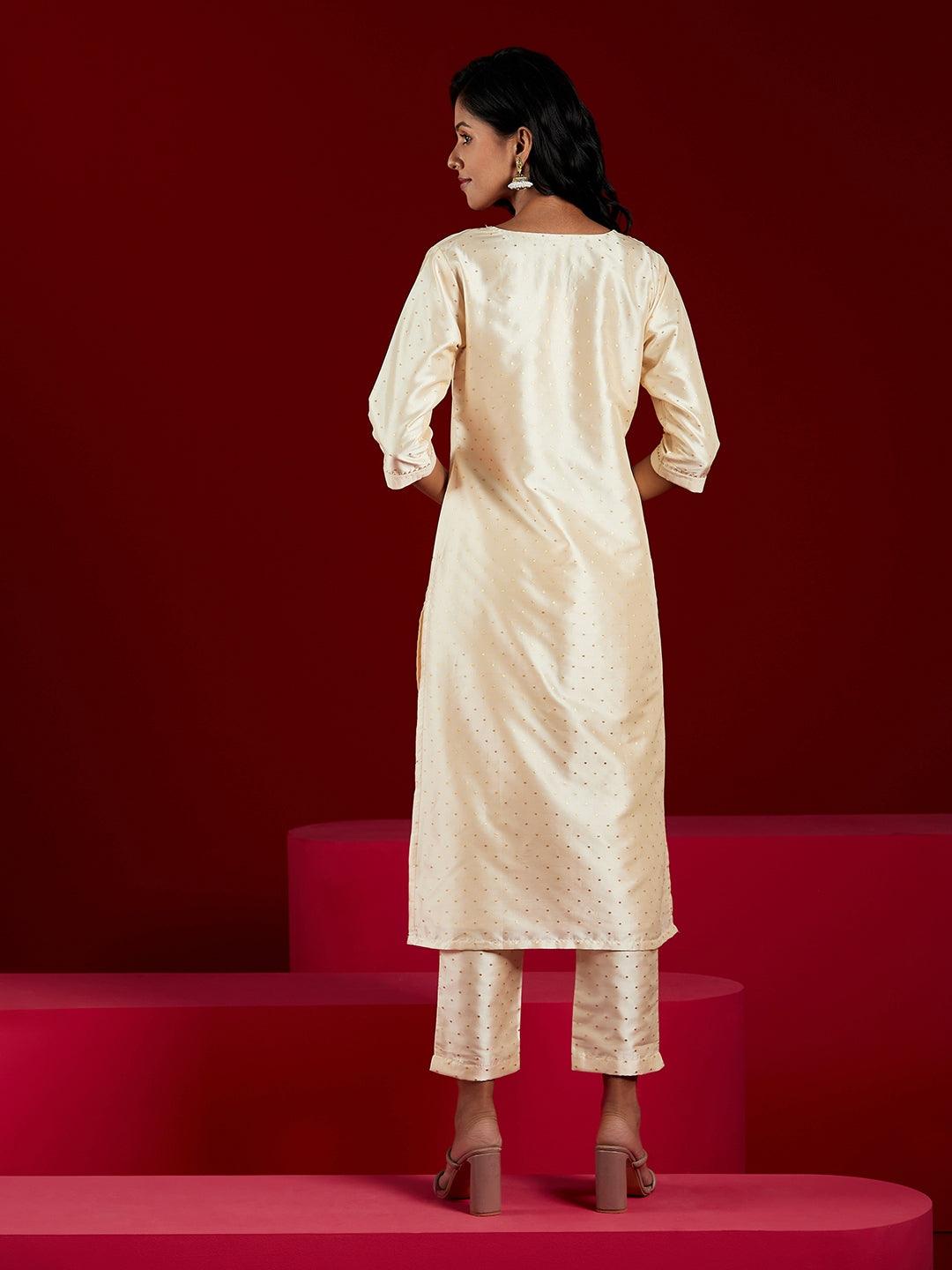 Cream Woven Design Straight Kurta With Trousers & Dupatta - Libas