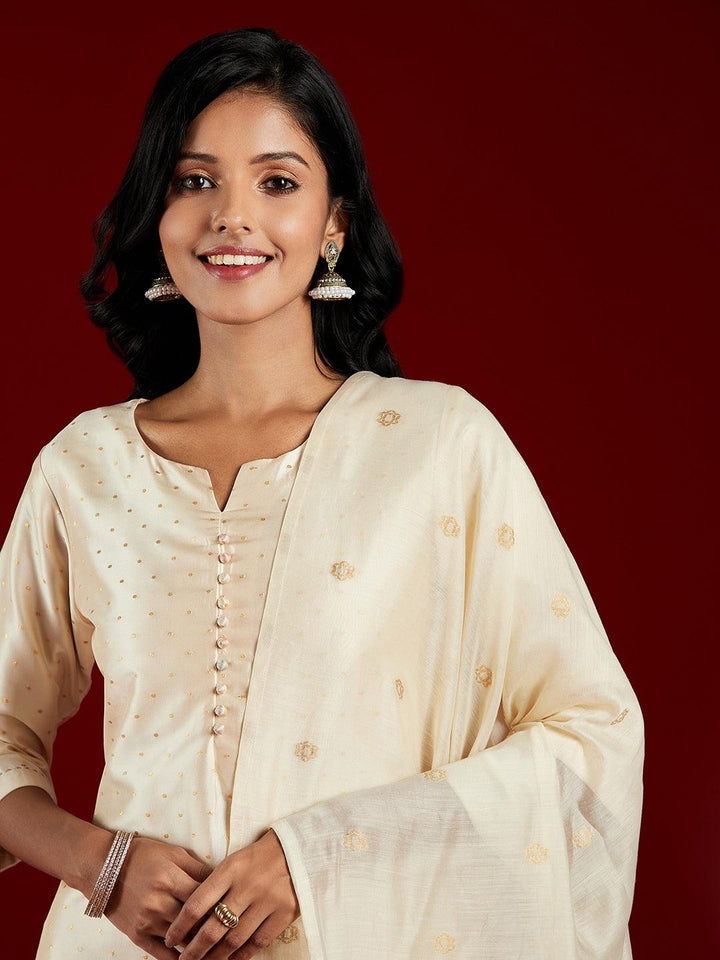 Cream Woven Design Straight Kurta With Trousers & Dupatta - Libas