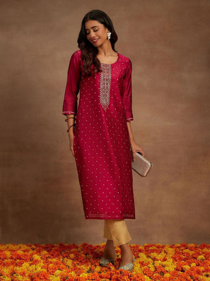 Fuchsia Chanderi Silk Woven Design Kurta - Libas