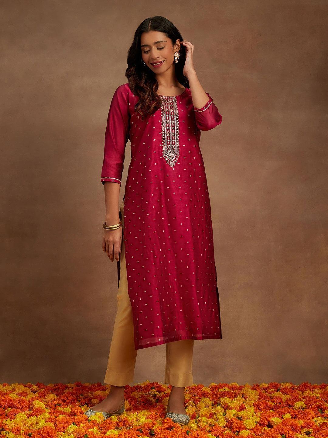 Fuchsia Chanderi Silk Woven Design Kurta - Libas