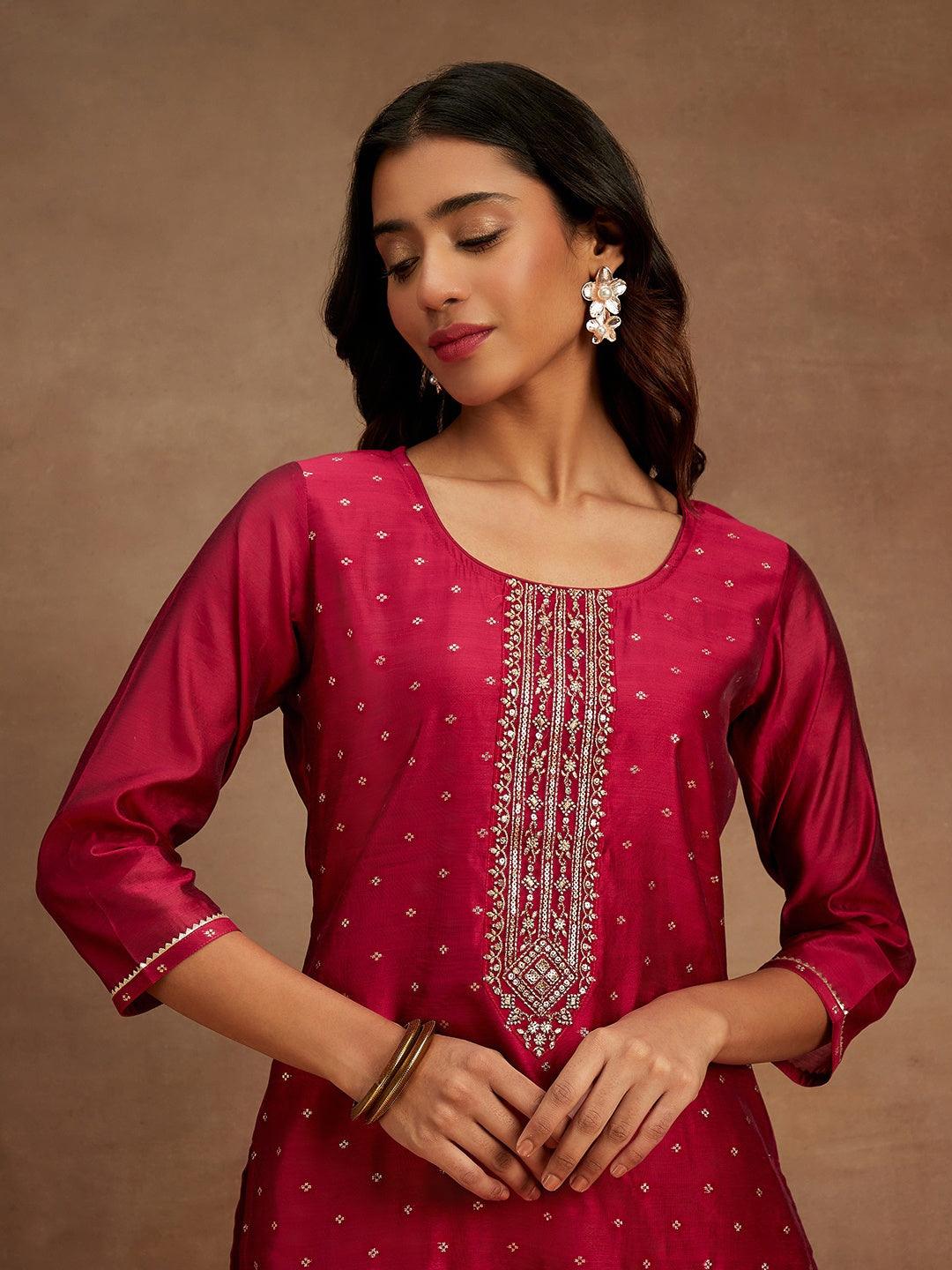 Fuchsia Chanderi Silk Woven Design Kurta - Libas