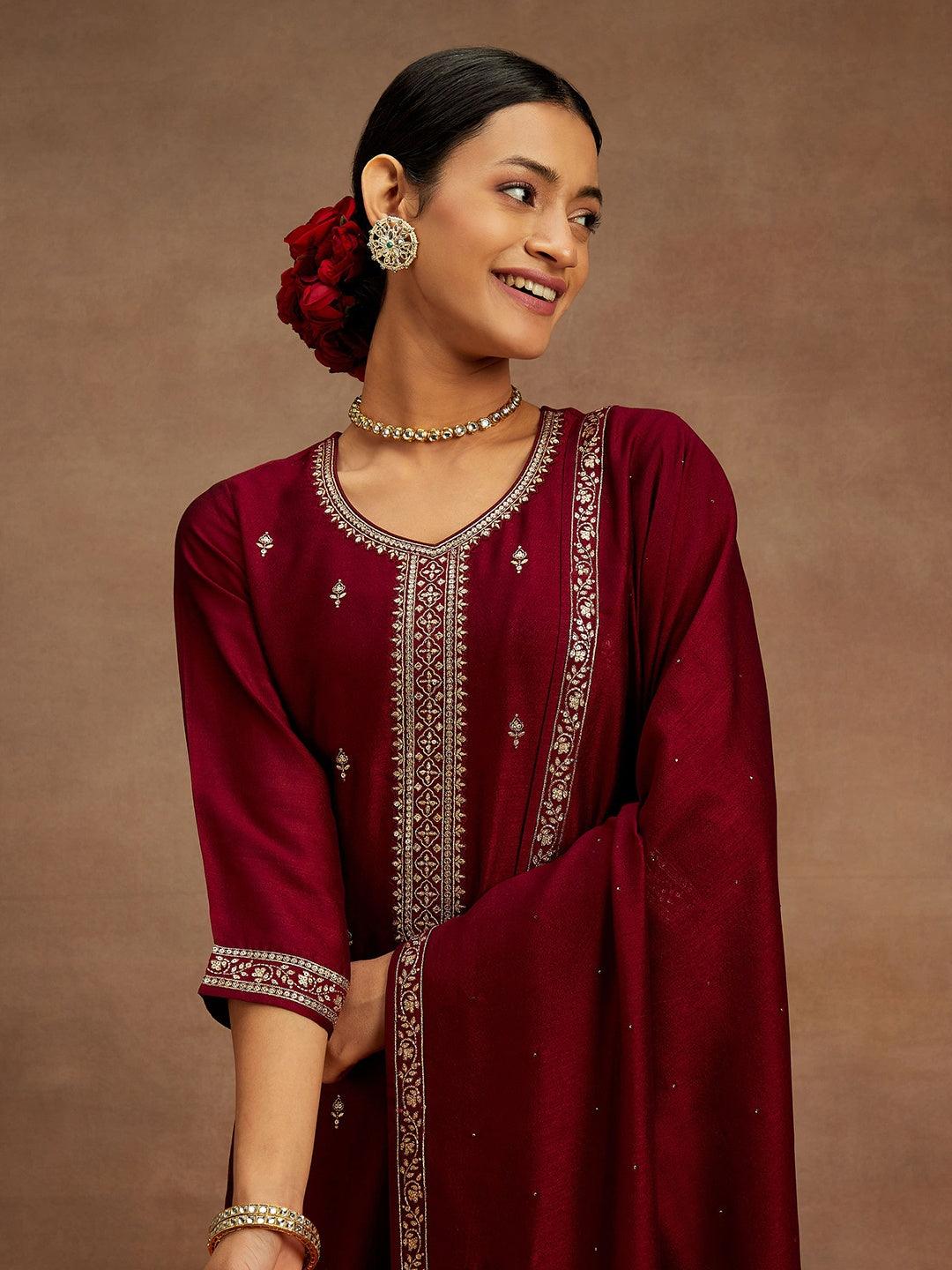 Fuchsia Embroidered Silk Blend Straight Kurta With Palazzos & Dupatta - Libas