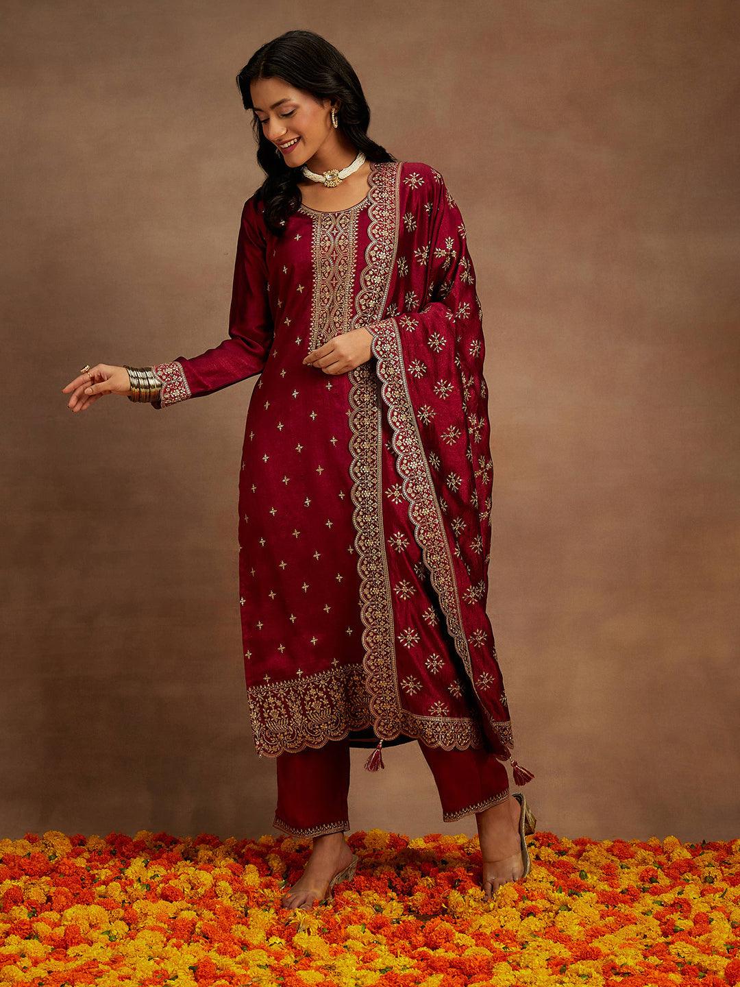 Fuchsia Embroidered Silk Blend Straight Kurta With Trousers & Dupatta - Libas 