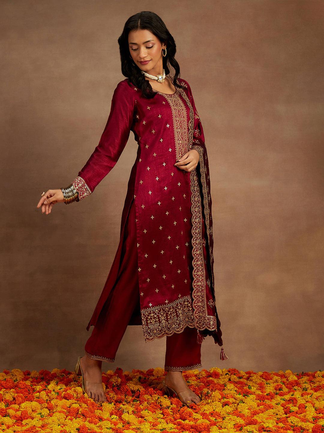 Fuchsia Embroidered Silk Blend Straight Kurta With Trousers & Dupatta - Libas 