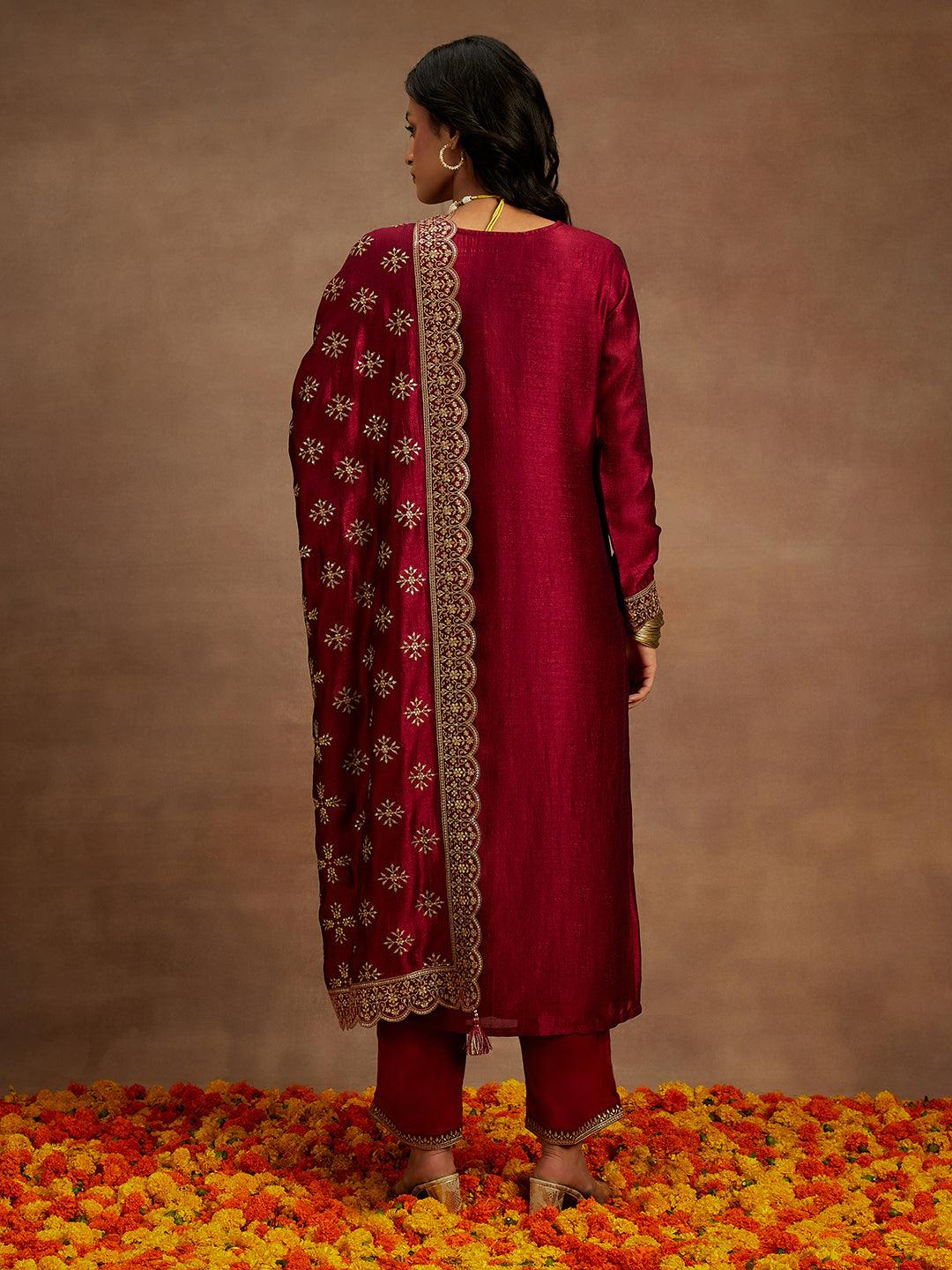 Fuchsia Embroidered Silk Blend Straight Kurta With Trousers & Dupatta - Libas 