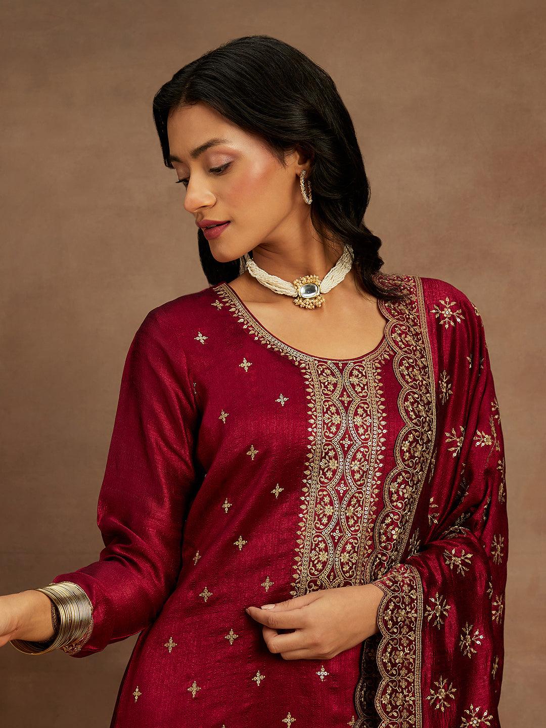 Fuchsia Embroidered Silk Blend Straight Kurta With Trousers & Dupatta - Libas