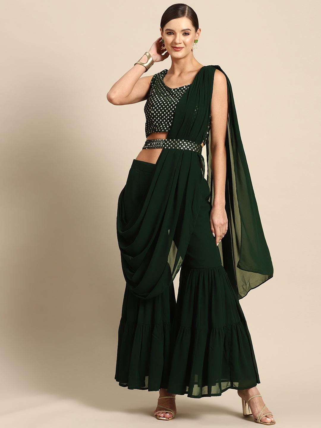 Green Embellished Georgette Ready to Wear Saree - Libas 