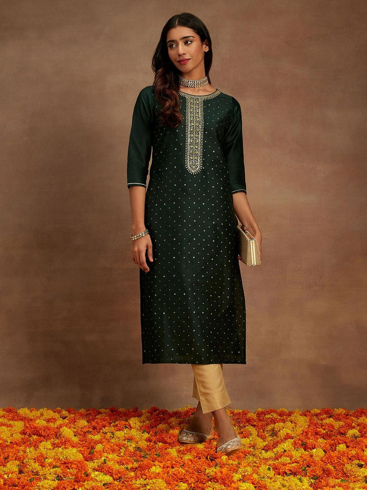 Green Embellished Silk Straight Kurta - Libas