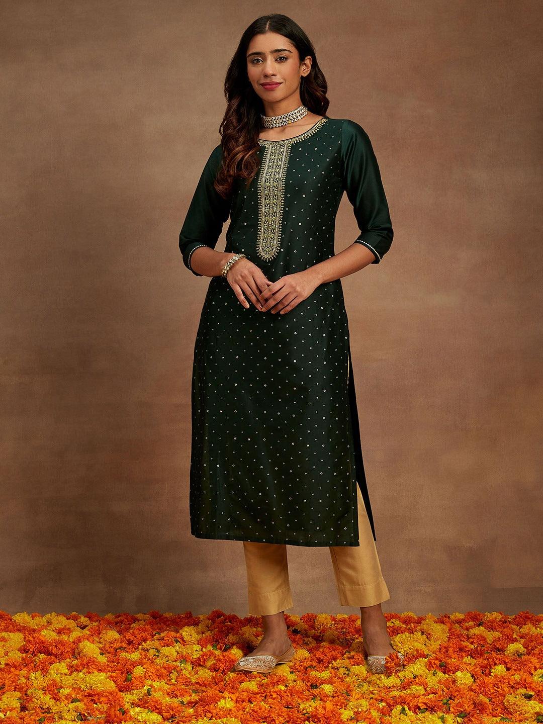 Green Embellished Silk Straight Kurta - Libas