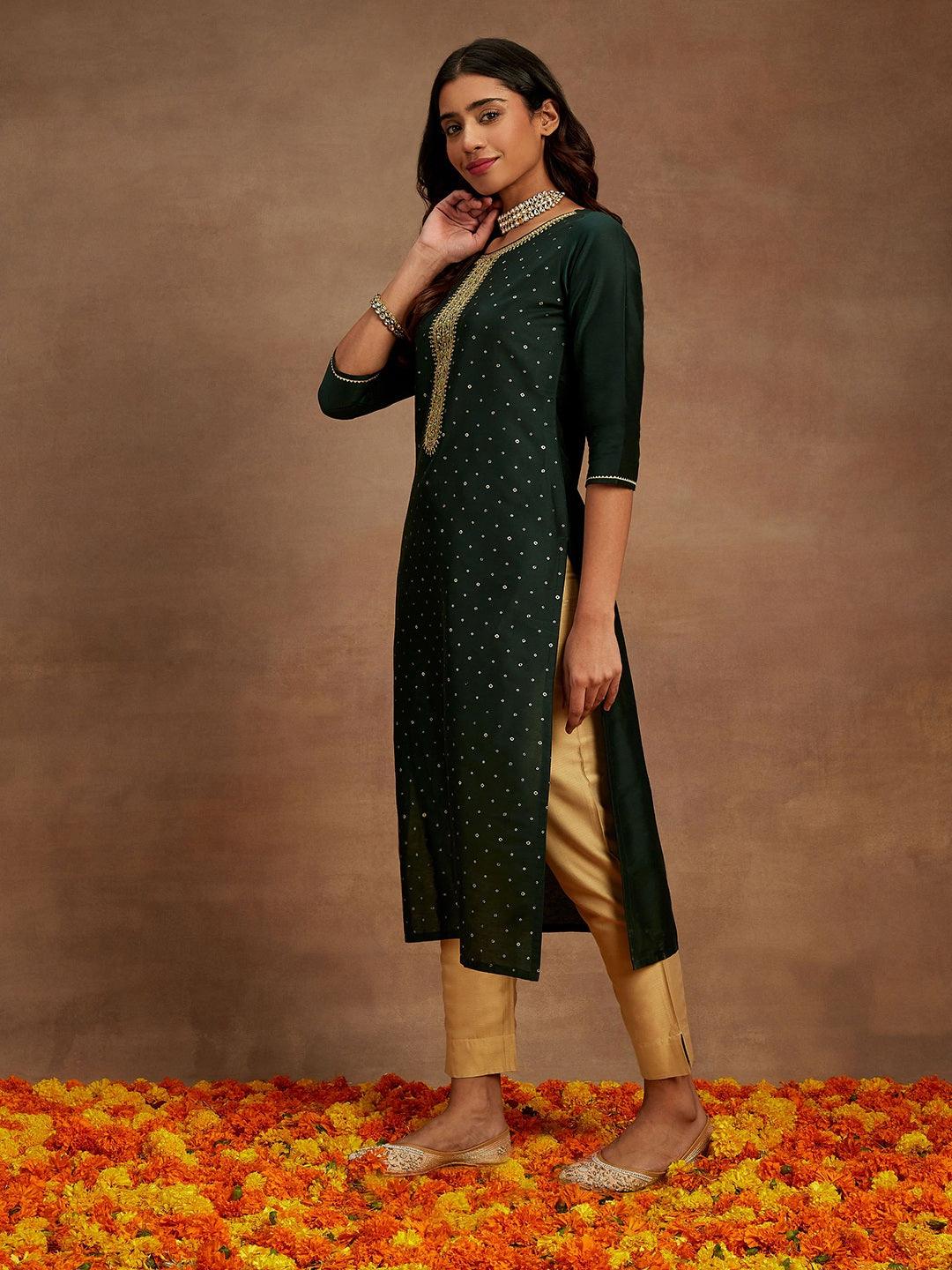 Green Embellished Silk Straight Kurta - Libas