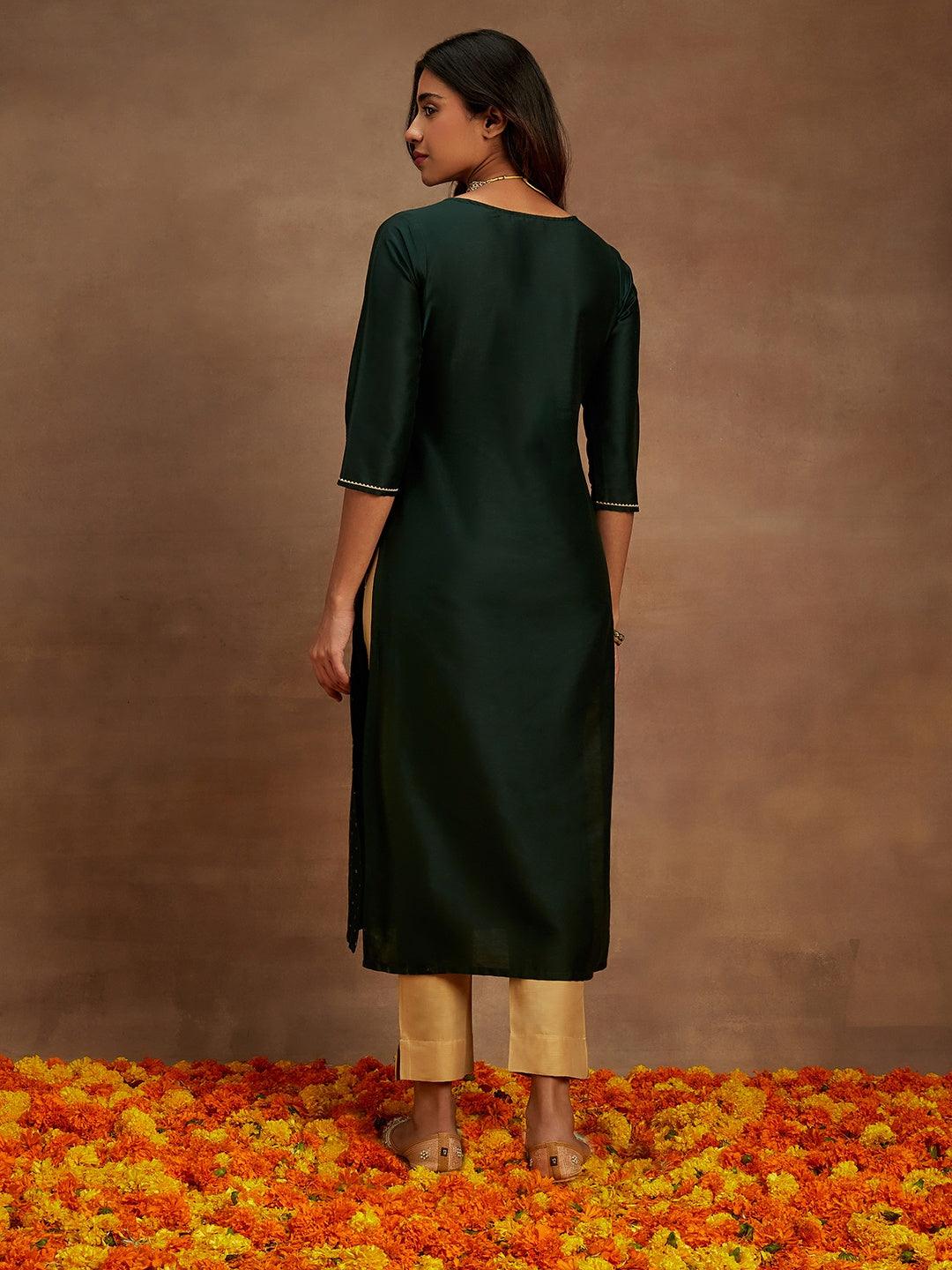 Green Embellished Silk Straight Kurta - Libas