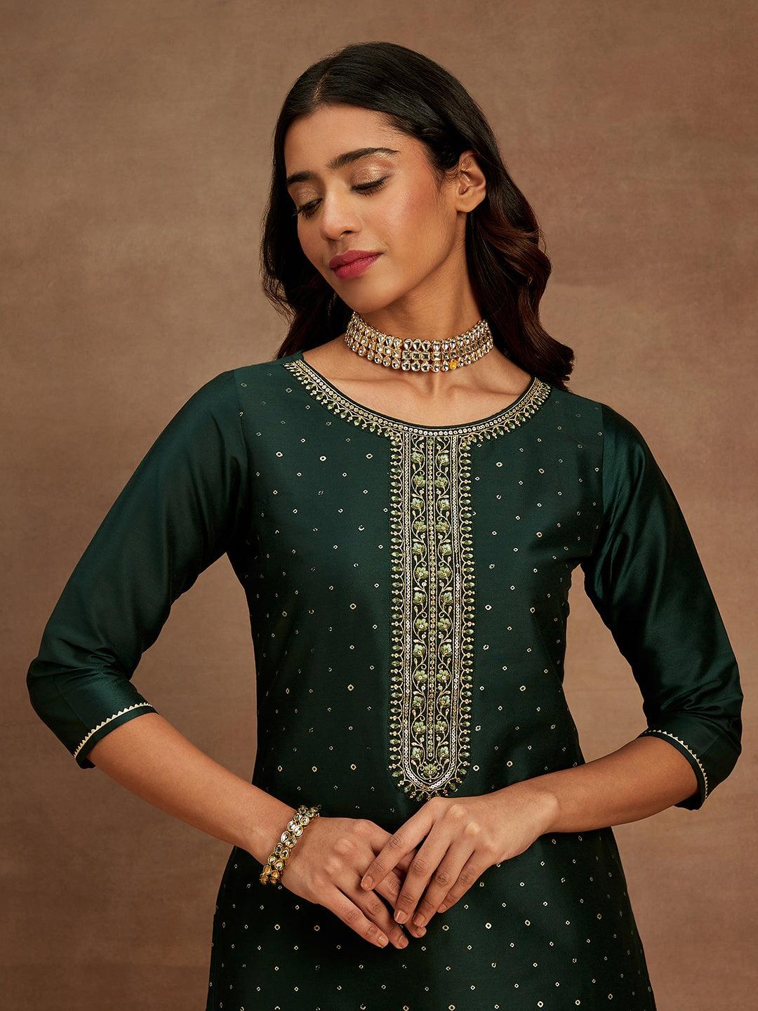 Green Embellished Silk Straight Kurta - Libas