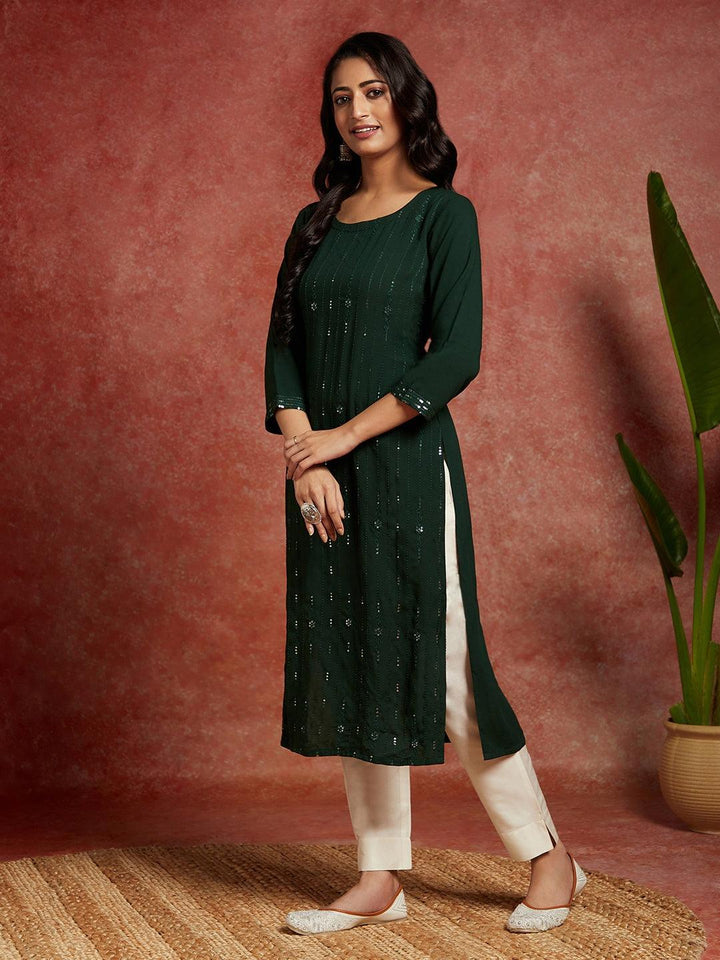 Green Embroidered Rayon Straight Kurta - Libas