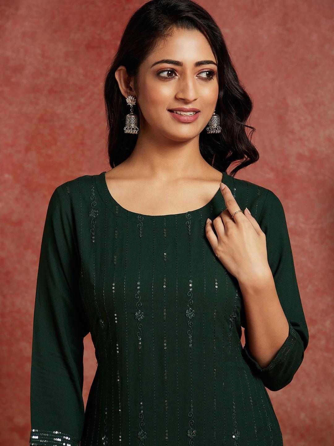 Green Embroidered Rayon Straight Kurta - Libas