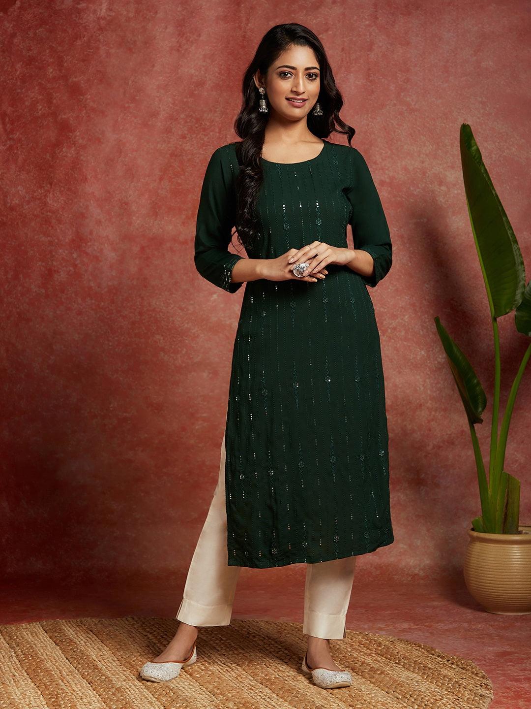 Green Embroidered Rayon Straight Kurta - Libas