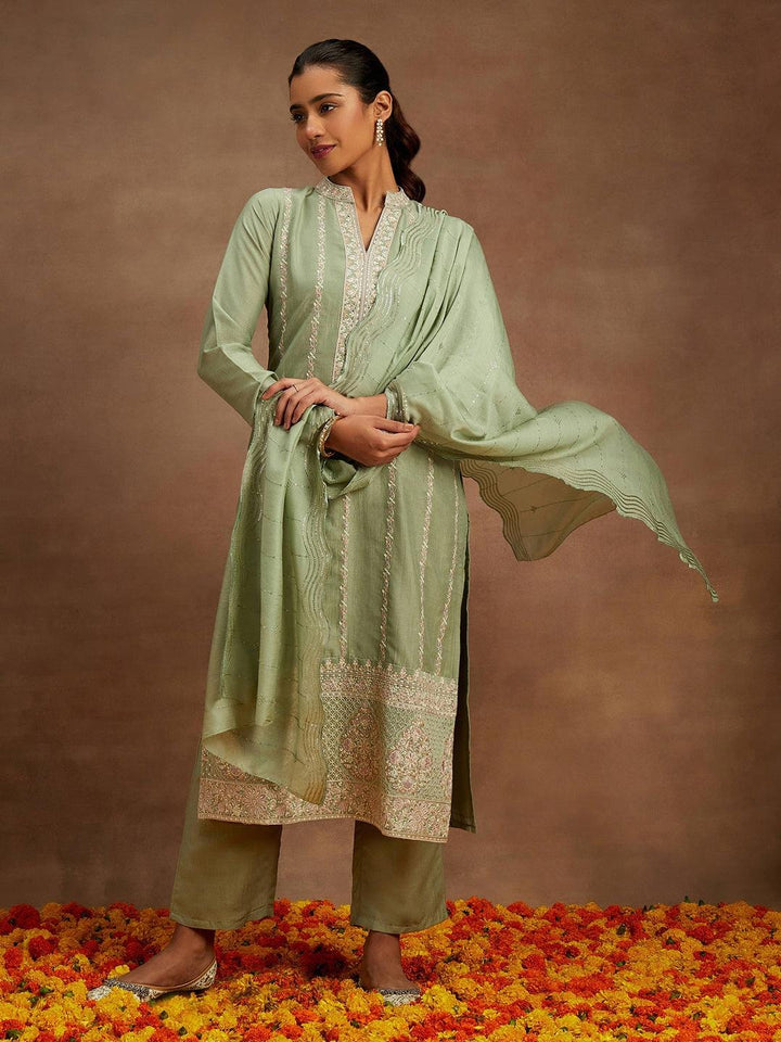 Green Embroidered Silk Straight Kurta With Trousers & Dupatta - Libas