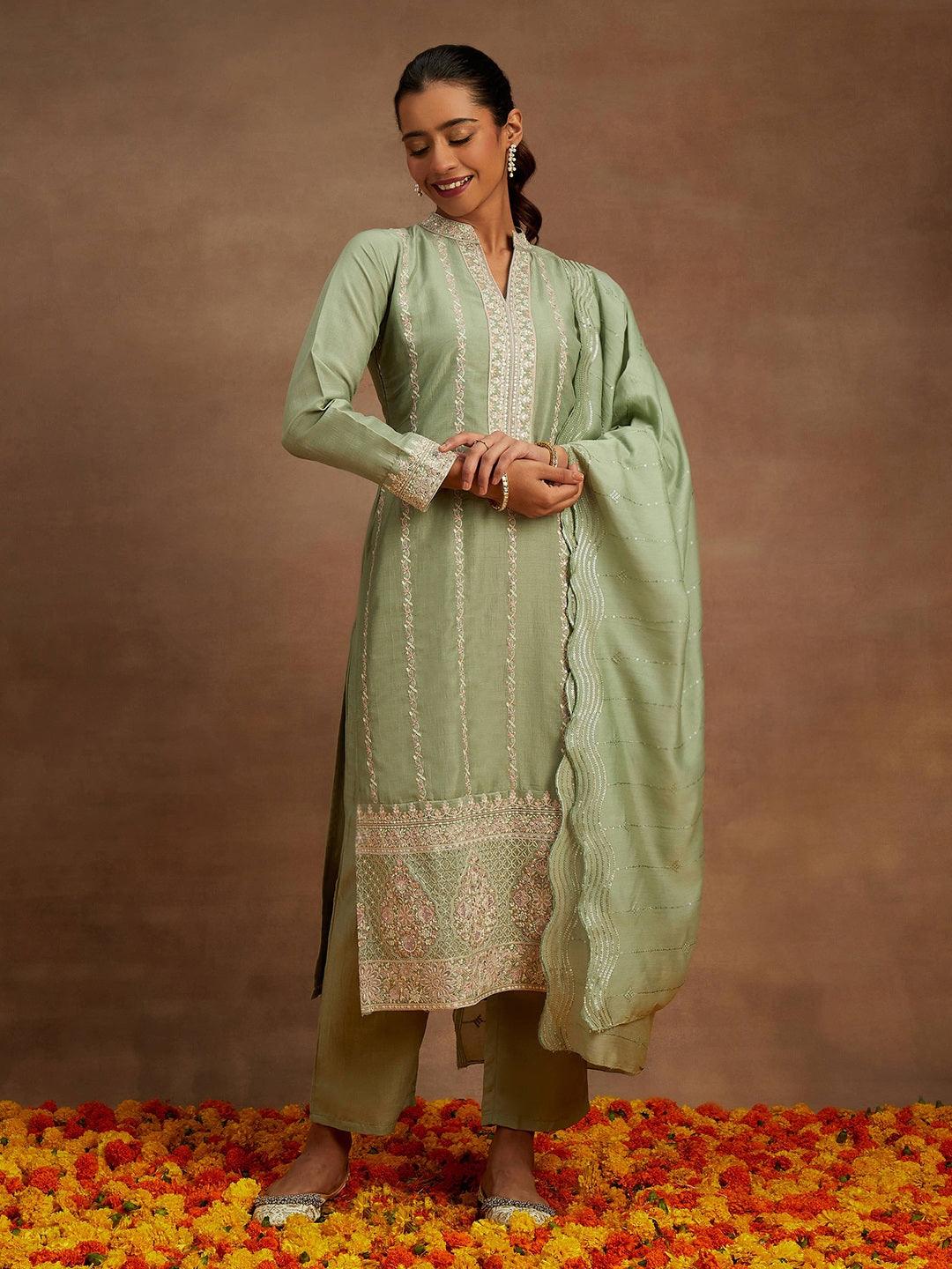 Green Embroidered Silk Straight Kurta With Trousers & Dupatta - Libas 