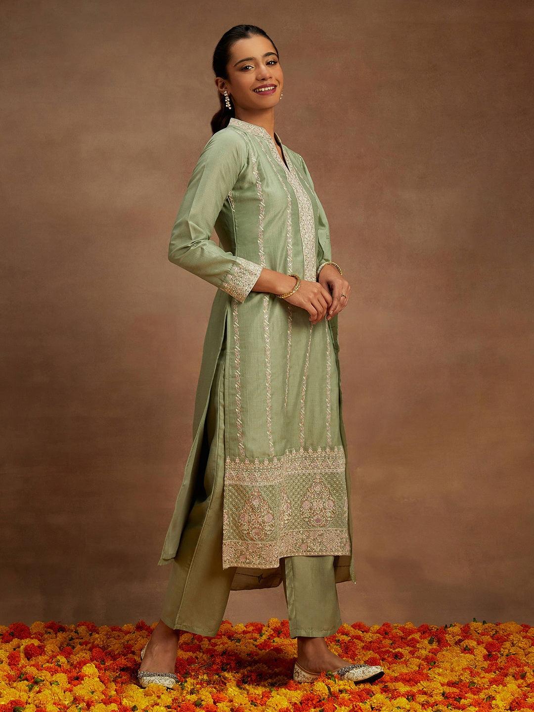 Green Embroidered Silk Straight Kurta With Trousers & Dupatta - Libas 