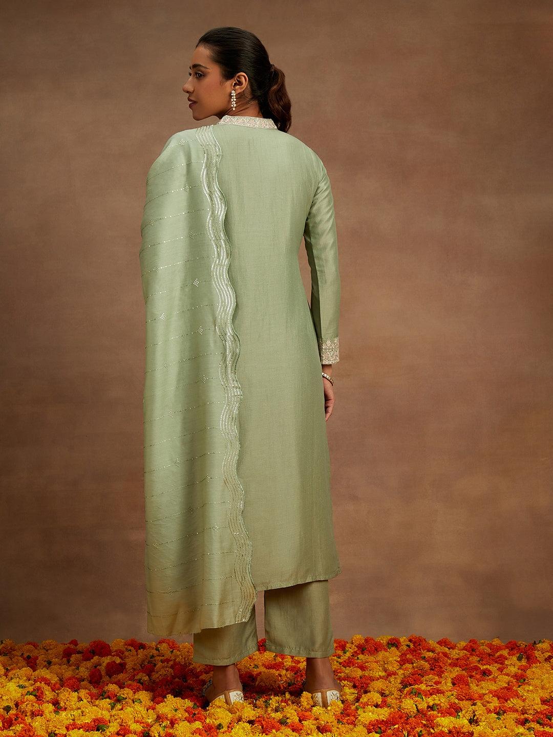 Green Embroidered Silk Straight Kurta With Trousers & Dupatta - Libas 