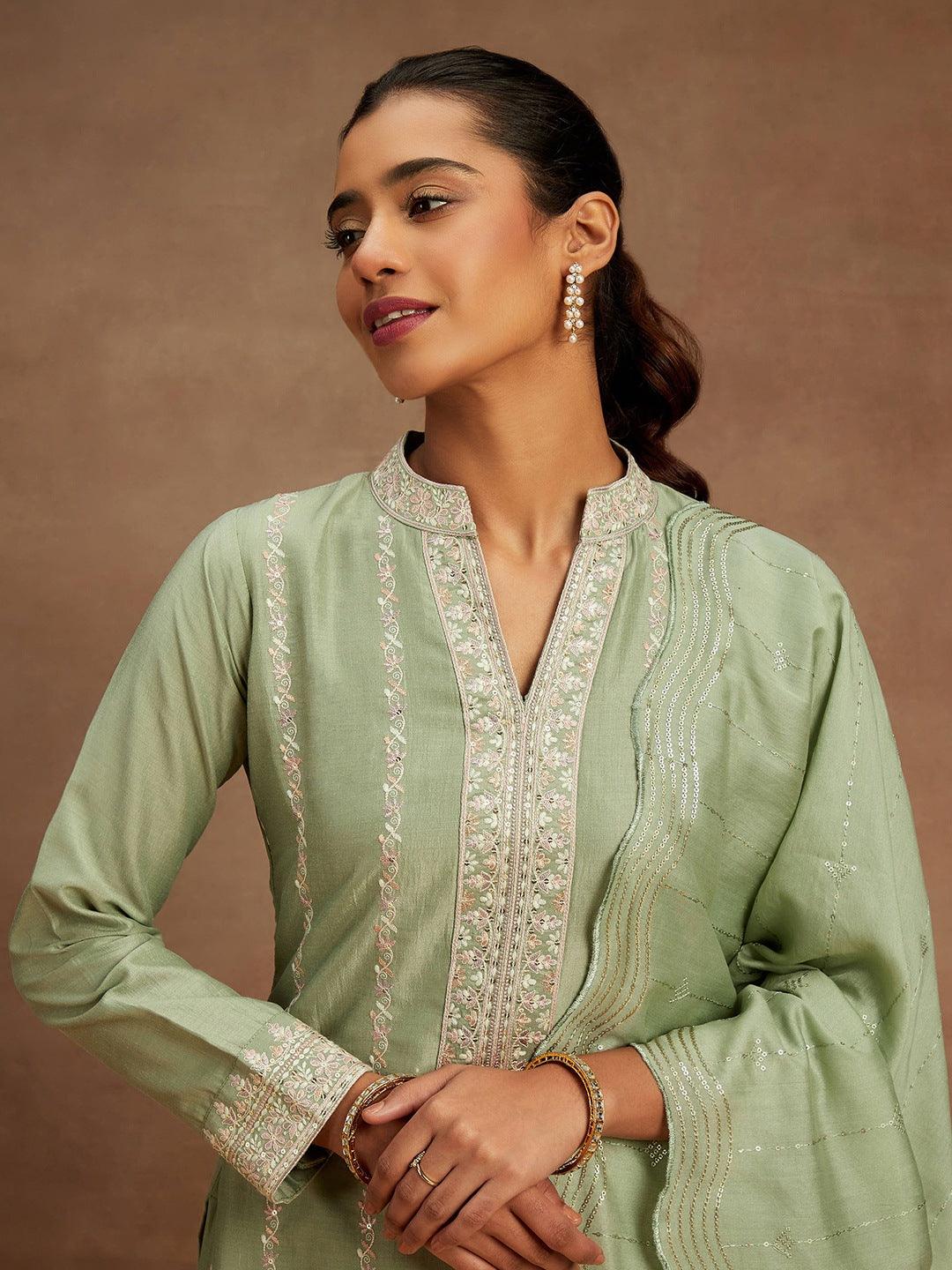 Green Embroidered Silk Straight Kurta With Trousers & Dupatta - Libas 